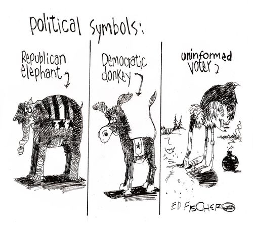 Political Symbols: Republican elephant, Democratic donkey and uninformed voter.
