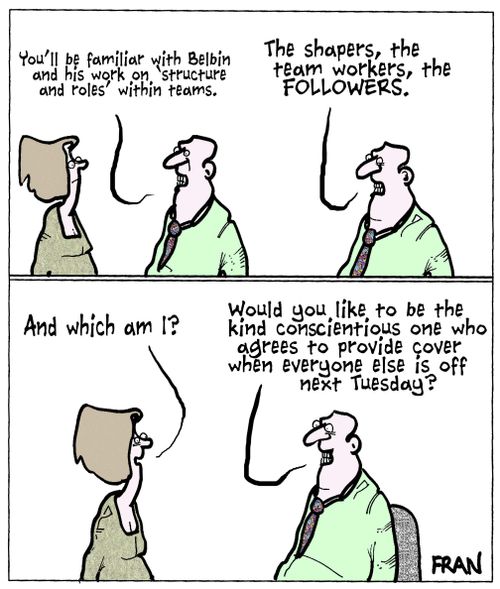 "You'll be familiar with Belbin and his work on 'Structure an roles' within teams."