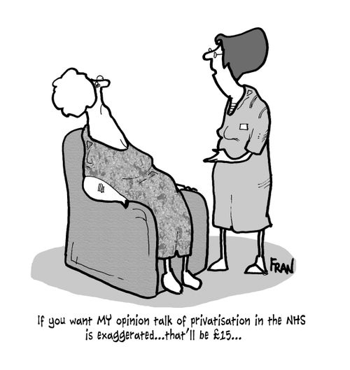 "If you want my opinion talk of privatisation in the NHS is exaggerated...that'll be £15..."