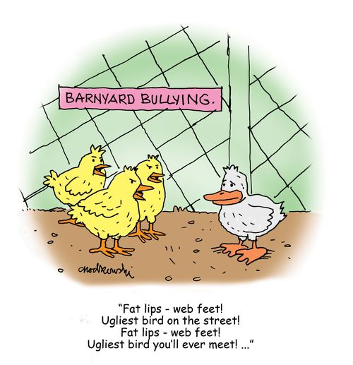 Barnyard Bullying: "Fat lops - web feet! Ugliest bird on the street!..."