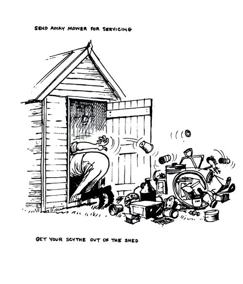 Send away mower for servicing...get your scythe out of the shed.