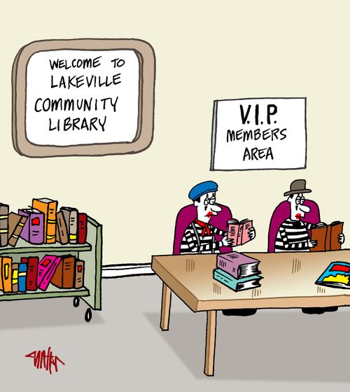 Mimes sit in VIP members area in a community library.