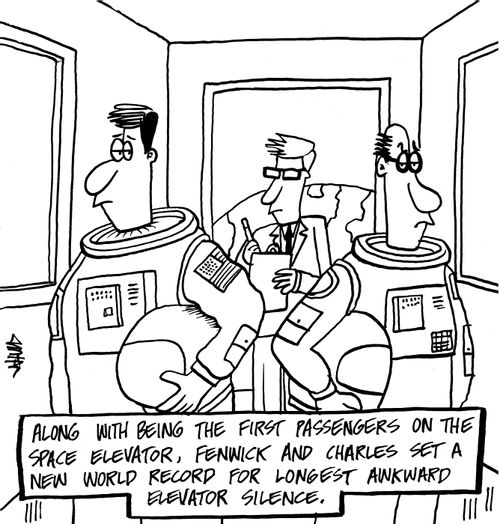 Along with being the first passengers on the space elevator, Fenwick and Charles set a new world record for longest awkward elevator silence.