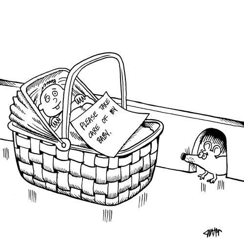 Mouse finds abandoned baby in front of his mouse hole.