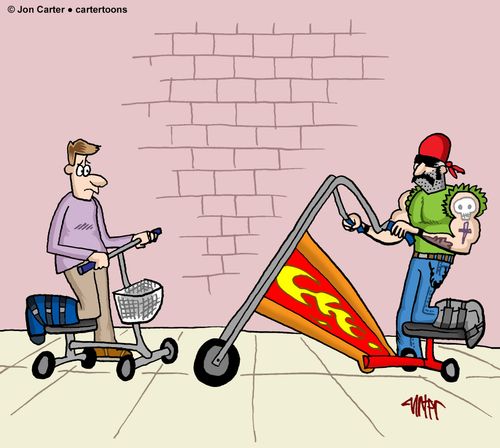 Man with broken leg using medical scooter sees another man with a broken leg using a biker gang-style chopper medical scooter.