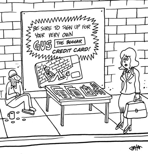 Street beggar has a sign up table for his own credit card.