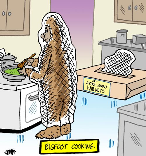 Bigfoot is cooking food with a large hair net.