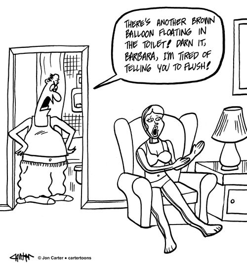 "There's another brown balloon floating in the toilet! Darn it, Barbara, I'm tired of telling you to flush!"