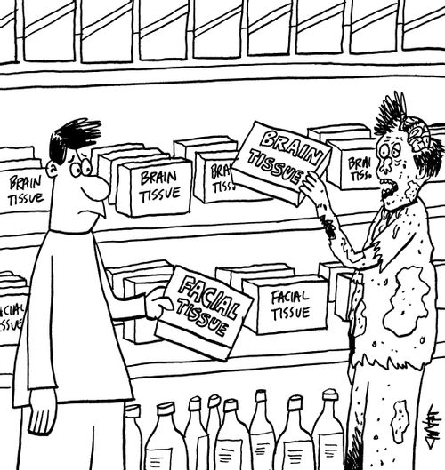 Man buying facial tissue in grocery store see zombie buying brain tissue.
