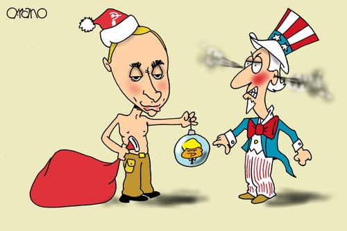Vladimir Putin offers Uncle Sam a bauble with Donald Trump's head on it.