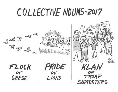 Collective nouns - 2017: Flock of geese, pride of lions, klan of Trump supporters.