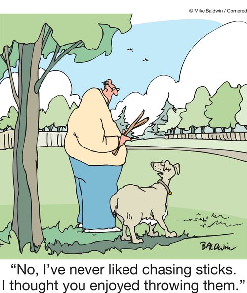 "No, I've never liked chasing sticks. I though you enjoyed throwing them."