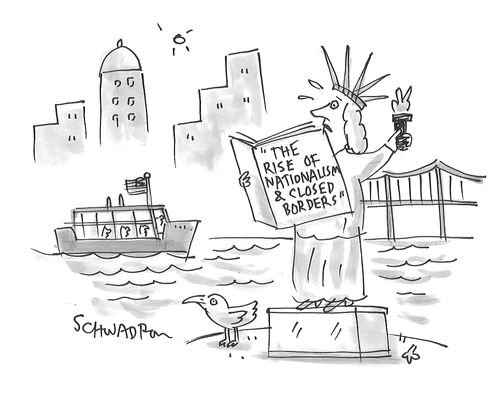 Statue of Liberty reads 'The Rise of Nationalism & Closed Borders'.