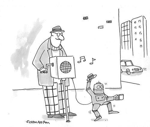 An organ grinder has a robotic monkey.