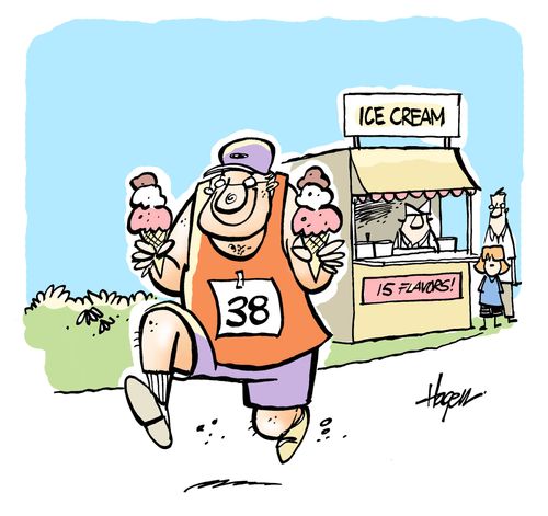 Runner buys ice cream during race.