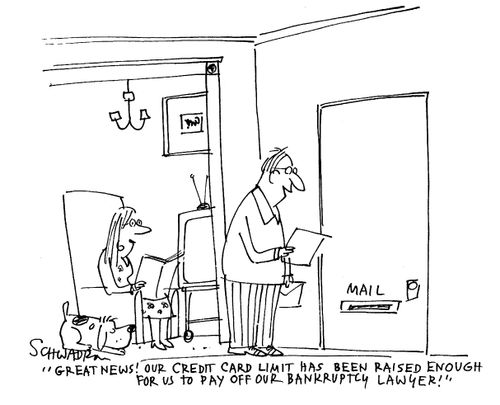 'Great news! Our credit card limit has been raised enough for us to pay off our bankruptcy lawyer!'