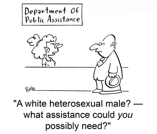"A white heterosexual male? ? what assisance could you possibly need?"