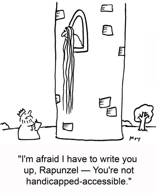 'I'm afraid I have to write you up, Rapunzel -- You're not handicapped-accessible.'