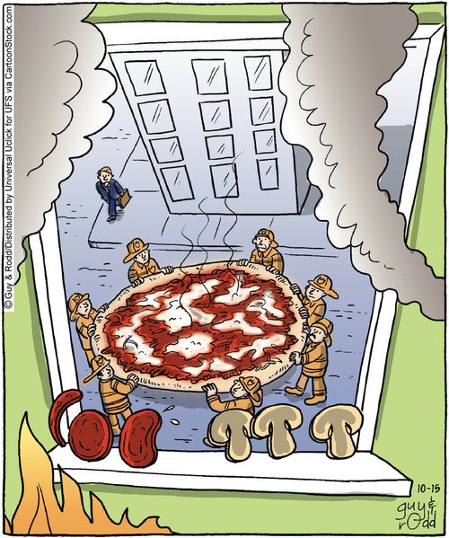 Firemen rescue mushrooms and pepperoni with a pizza.