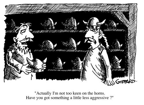 Helmet Shop, "Actually, I'm not too keen on the horns, have you got something a little less aggressive"
