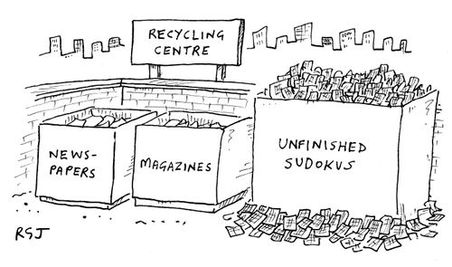 Recycling centre - newspapers,magazines,unfinished sudokus.