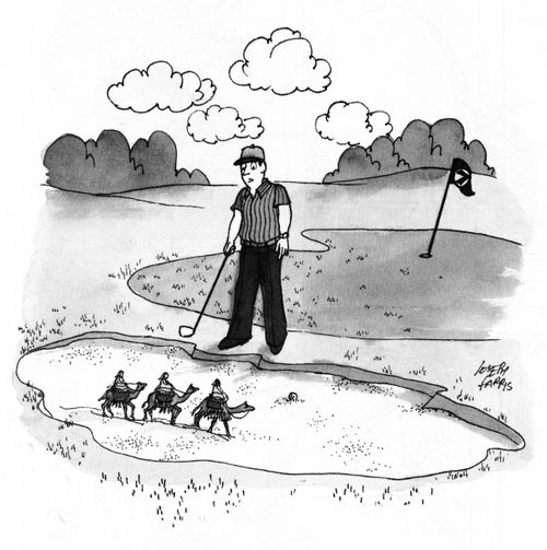 Golfer sees three camels going across a bunker.