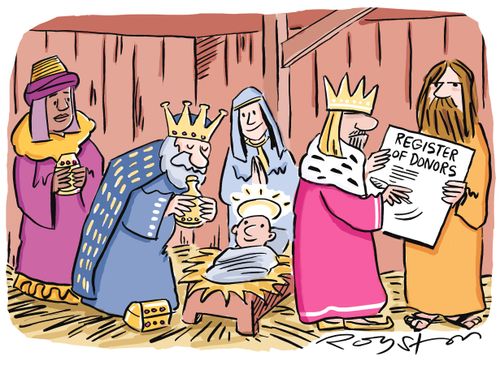 Three wise men give gifts to Jesus and sign a Register of Donors.