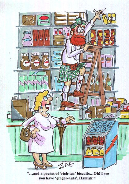 '...and a packet of 'rich-tea' biscuits...Oh! I see you have 'ginger-nuts', Hamish!'