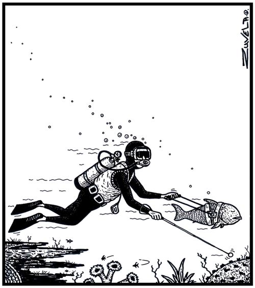  A blind Scuba-diver being lead by his Guide/Seeing Eye Fish  