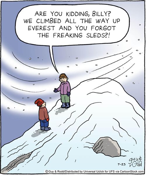 'Are you kidding, Billy? We climbed all the way up Everest and you forgot the freaking sleds?!'