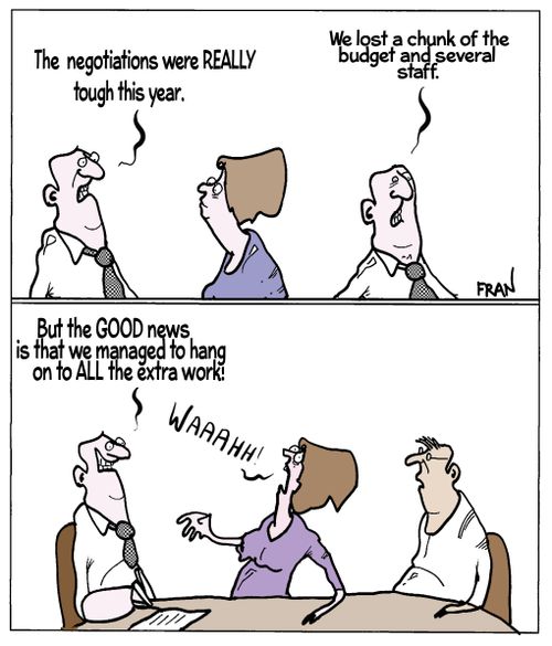 'The negotiations were really tough this year...but the good news is that we managed to hang on to ALL the extra work!'