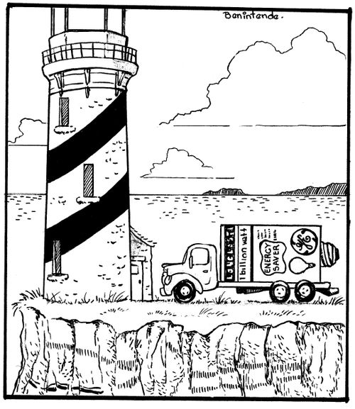 An electric lightbulb is delivered to a lighthouse.