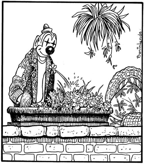 Clown watering his flowers.
