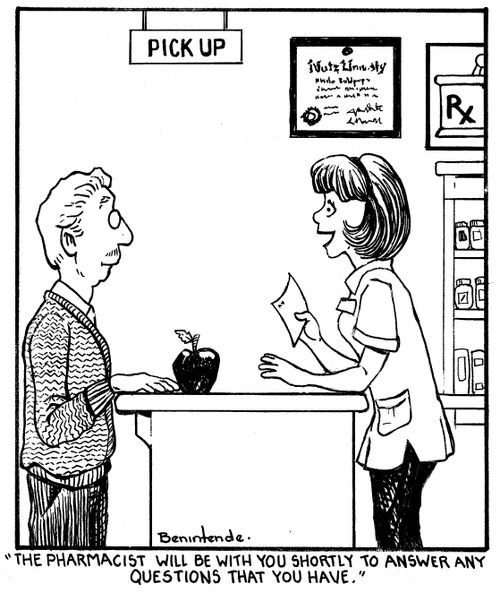 "The pharmacist will be with you shortly to answer any questions that you have."