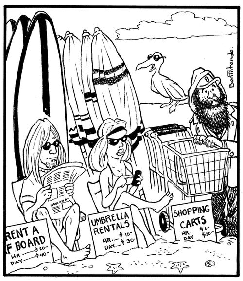 Beach Sellers: Surfboards, Umbrellas and Trolleys.