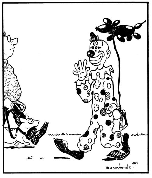 Clown walking his balloon dog.