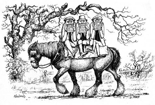 Three men riding a pony