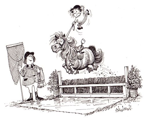 Riding instructor waits to fish a child out of jumping obstacle.