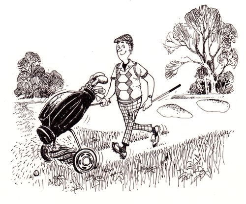 Inventive Cheating: Golfer cuts the rough grass.