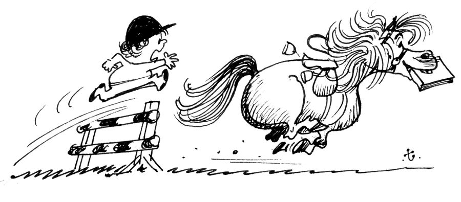 Horse steals a little girl's book.