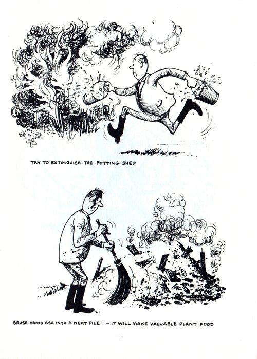 Try to extinguish the  potting shed...brush wood ash into a neat pile - it will make valuable plant food.