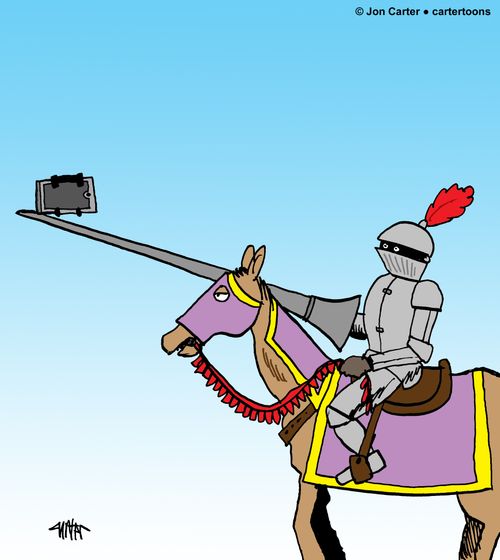 Knight in armor is using his jousting pole as a selfie stick.
