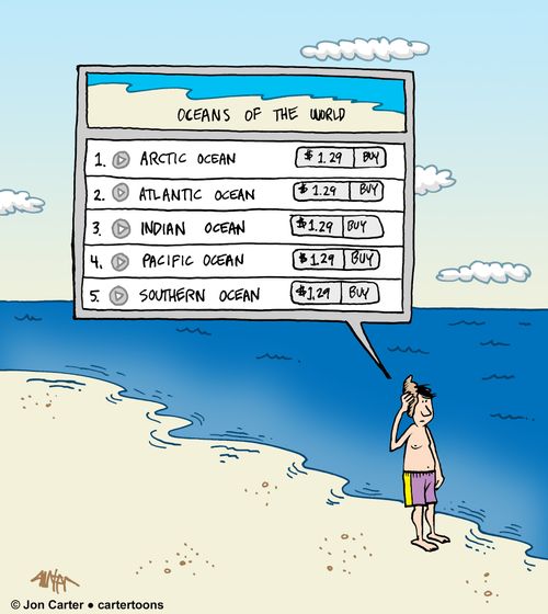 Man listens to shell by the ocean and hears options to download ocean sounds from an online store.