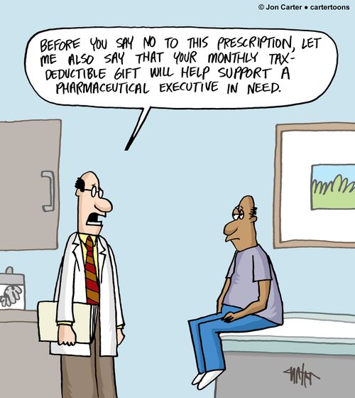 "Before you say no to this prescription, let me also say that your monthly tax-deductible gift will help support a pharmaceutical executive in need."