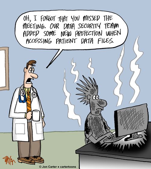 "Oh, I forgot that you missed the meeting. Our data security team added some new protection when accessing patient data files."