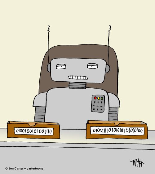 Robot sitting at office desk with inbox and outbox labeled in binary code.