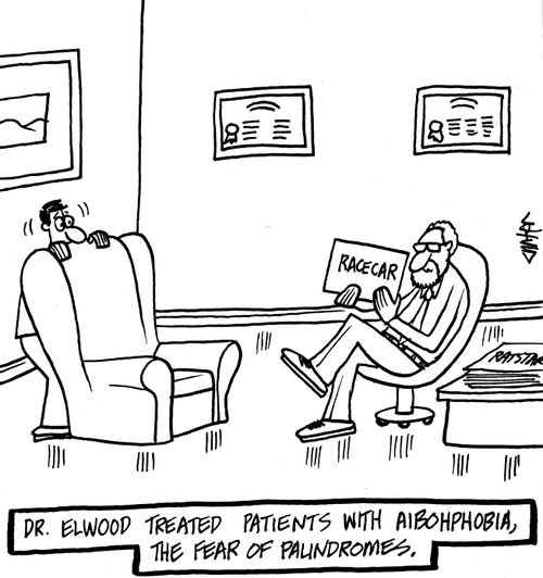 Dr. Elwood treated patients with Aibohphobia, the fear of palindromes.