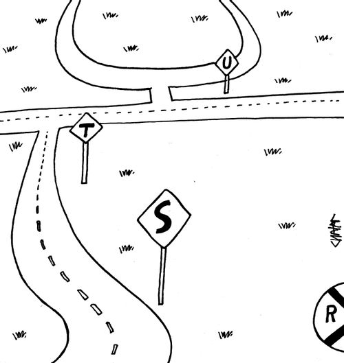 Road signs display consecutive alphabet letters R, S, T, and U.