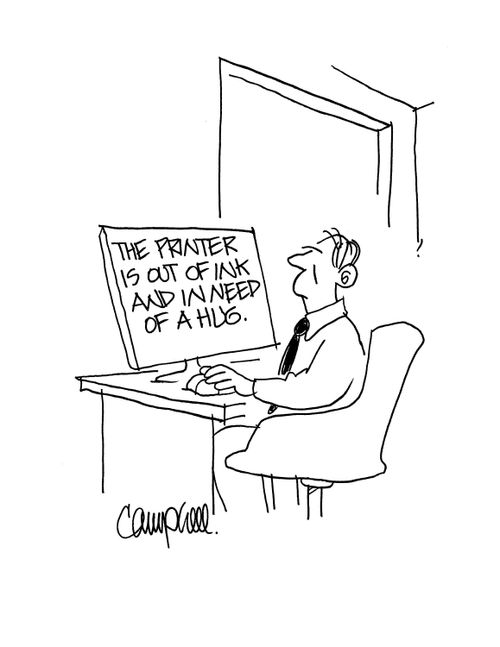 The printer is out of ink and in need of a hug.