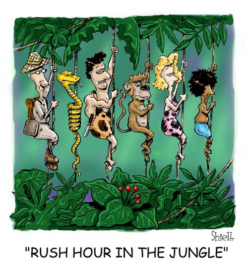 The inhabitants of the jungle get tied up in rush hour traffic.